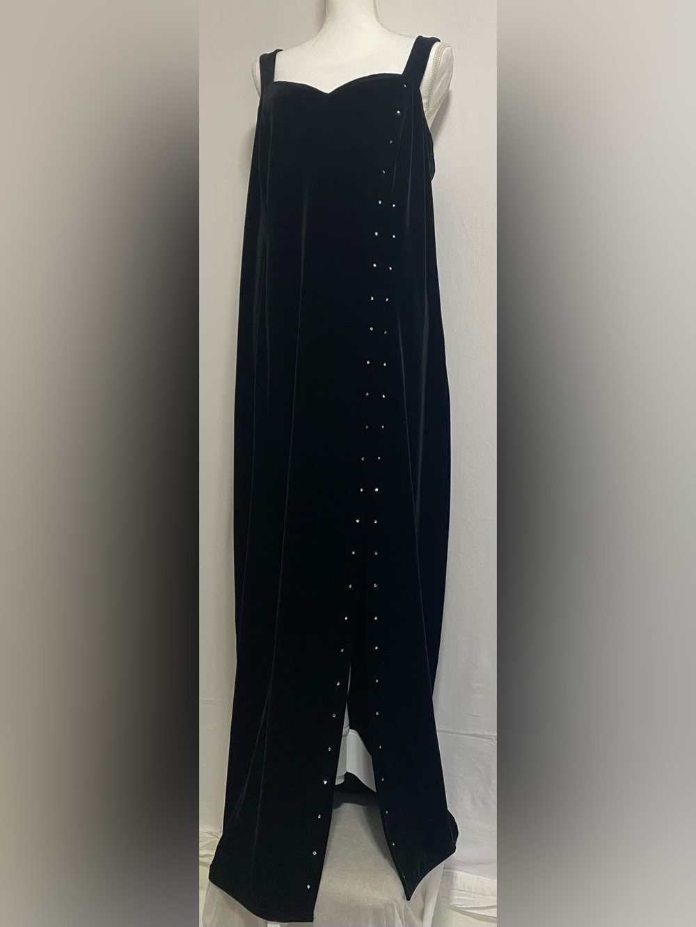 Vintage Onyx Black Velvet Maxi Dress with Vertical Stud Accents
